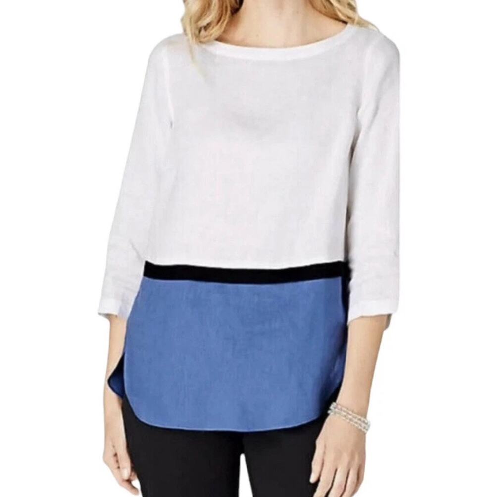 J.Jill Women’s Size Medium Petite Blue White Linen Colorblock Tunic Top Casual